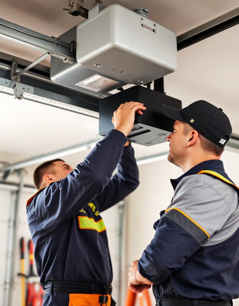 Certified garage door technician performing repair